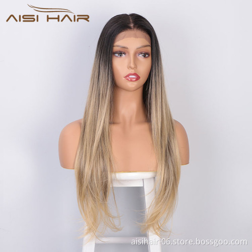 Aisi Hair High Quality 13x6 Long Silky Straight Wig Ombre Blonde Swiss Lace Wig Synthetic Hair Lace Front Wigs For Black Women